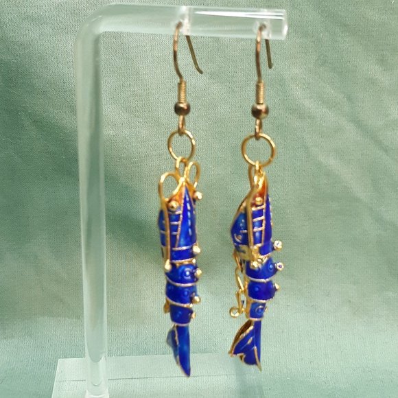 Jewelry - Articulated Blue Enamel Shrimp Earrings